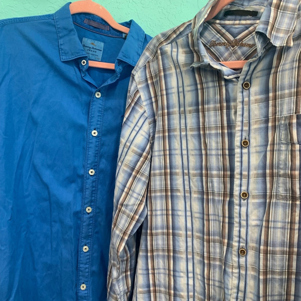 Tommy Bahama Men's Blue and Plaid Button-Down Shirts L Tencel vacation summer
